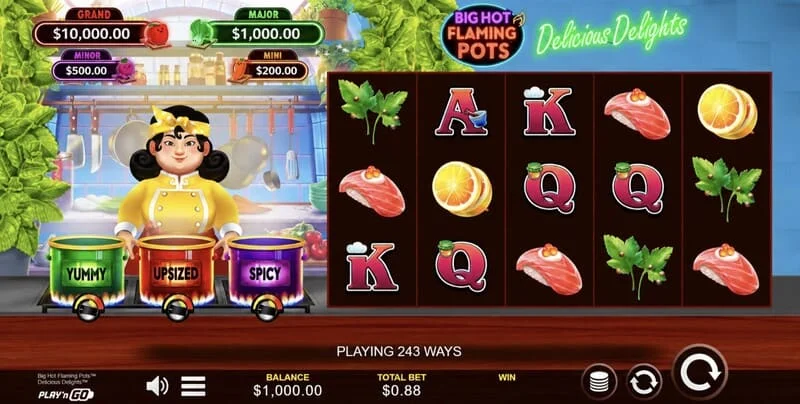 Big Hot Flaming Pots Delicious Delights - start screen with 5x3 reels